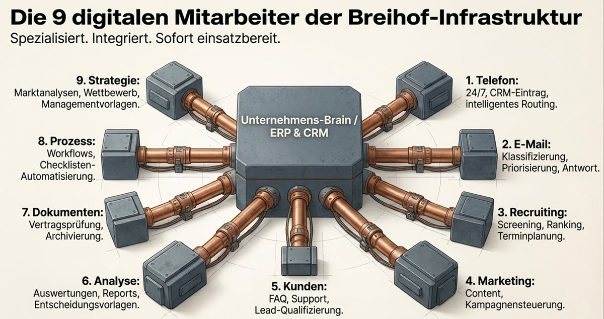Die 9 digitalen Mitarbeiter der Breihof-Infrastruktur – alle vernetzt mit dem Unternehmens-Brain