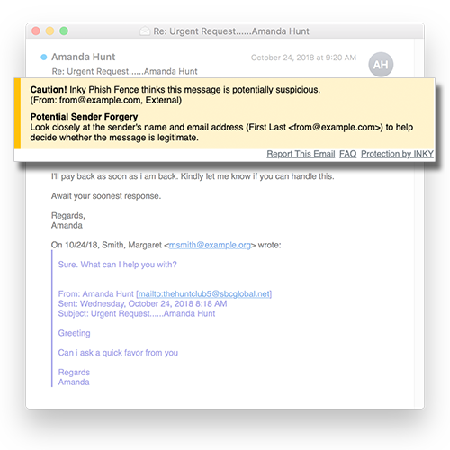 INKY-Warnbanner in Outlook: gelbes Vorsicht-Banner bei möglicher Absenderfälschung